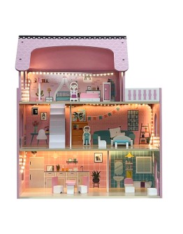 Голяма дървена къщичка за кукли 70см LED осветление с мебели и аксесоари